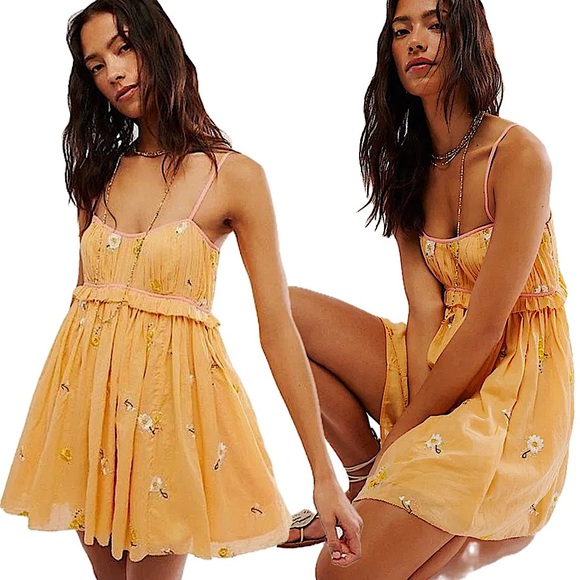 Free People Alana Babydoll Floral Apricot Peach Mini Strappy Sundress Dress - Picture 1 of 17